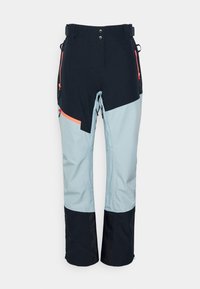 Skidbyxor med en färgblockdesign i marinblått och ljusblått, med en dragkedja framtill, justerbar midja och dragkedjefickor.