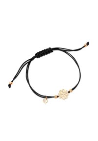 Czarny sznurkowy bransoletka z złotym kwiatowym charmsami i małą złotą koraliką akcentującą, z regulowanym zapięciem węzłowym dla możliwości dostosowania rozmiaru.