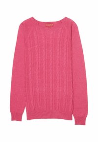 Pull en tricot rose avec un motif en maille, col rond et poignets et ourlet côtelés. Texture douce et manches longues.