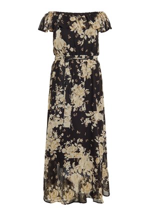 Mustat off-the-shoulder-mekko vaaleanbeige kukkakuviolla, vyötärölle sidottava vyö ja röyhelökaulus. Virtaava kangas, jossa on hieman läpikuultava pinta.