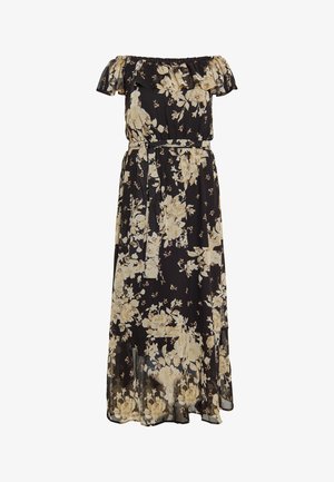 Vestido negro con hombros al aire, patrón floral beige, cinturilla, y escote con volantes. Tela fluida con un acabado ligeramente transparente.