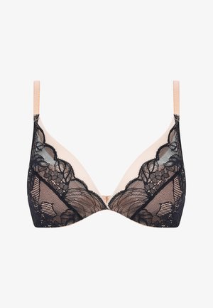 Sutien negru și nude cu dantelă, finisaj neted, suport cu arcuri, design decolteu adânc și bretele ajustabile. Închidere la spate cu cutie.