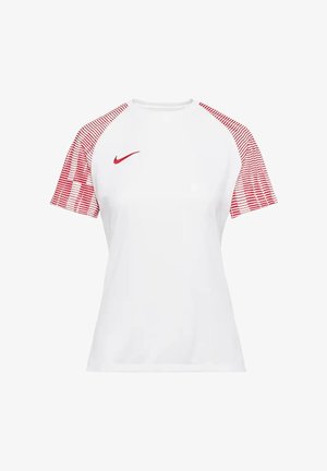 Wit Nike-sportshirt met korte mouwen, rode gestreepte mouwen en een rood Nike Swoosh-logo op de linkerborst.