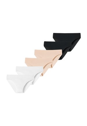 Six culottes bikini sans coutures pour femmes en blanc, beige et noir, disposées en rangée décalée sur fond blanc.