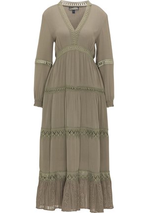 Langes taubefarbenes Kleid mit V-Ausschnitt, langen Ärmeln, elastischen Bündchen, Spitzenverzierungen am Ausschnitt, an den Ärmeln, an der Taille, am Rock und am Saum.