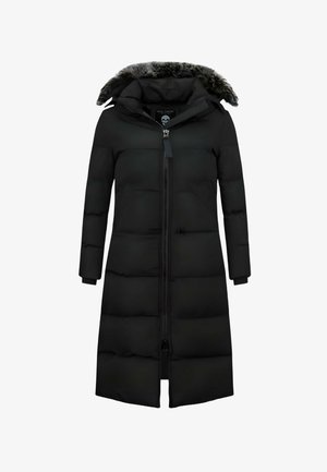 Zwarte gewatteerde jas met een ritssluiting aan de voorkant, lange mouwen en een capuchon met bontkraag. Heeft een doorgestikt patroon en zijzakken.