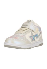 Høje sneakers i off-white syntetisk materiale med glitrende accenter, stort sølvstjerne og justerbar velcro-rem. Struktureret ydersole.