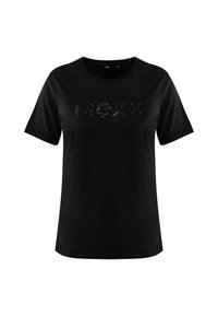 Černé bavlněné tričko s krátkými rukávy a kulatým výstřihem, na kterém je umístěn nápis „MEXX“ z lesklých flitrů přes hrudník.