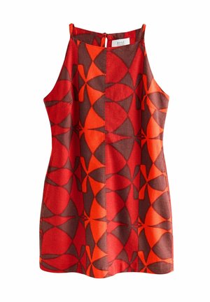 Bezrūpju kleita ar ģeometrisku rakstu sarkanās un brūnās krāsās, izgatavota no strukturēta auduma, ar aizmugurējo rāvējslēdzēju.