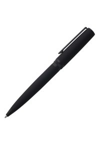 Black pen with a matte finish, slim cylindrical shape, clip on the cap, and visible nib; sleek and minimalistic design.