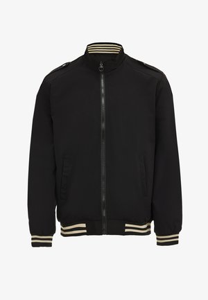 Black bomber jacket with a zip front, ribbed collar, and striped cuffs. Features side pockets and shoulder epaulets for detail.