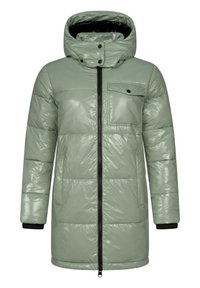 Padded coat v svetlo zeleni barvi, sijoča površina, z visokim ovratnikom, zadrgo in eno žepno torbico na prsih. Ima črne detajle na manšetah.