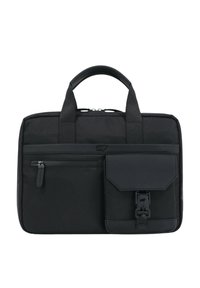 Schwarze Laptop-Tasche mit zwei Griffen, Reißverschluss, Vordertasche und strukturierten Akzenten. Hergestellt aus strapazierfähigem Stoff mit elegantem Design.