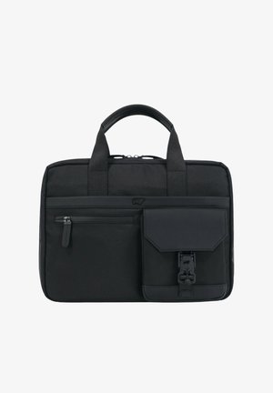 Schwarze Laptop-Tasche mit zwei Griffen, Reißverschluss, Vordertasche und strukturierten Akzenten. Hergestellt aus strapazierfähigem Stoff mit elegantem Design.