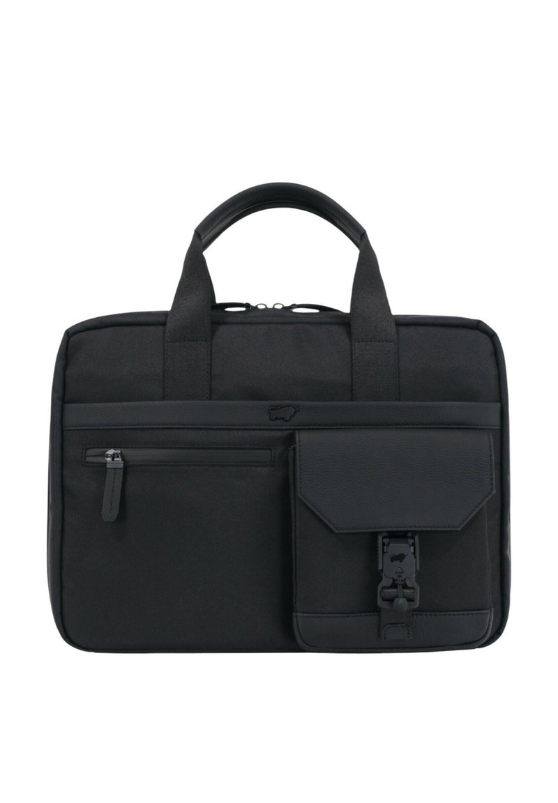 Schwarze Laptop-Tasche mit zwei Griffen, Reißverschluss, Vordertasche und strukturierten Akzenten. Hergestellt aus strapazierfähigem Stoff mit elegantem Design.