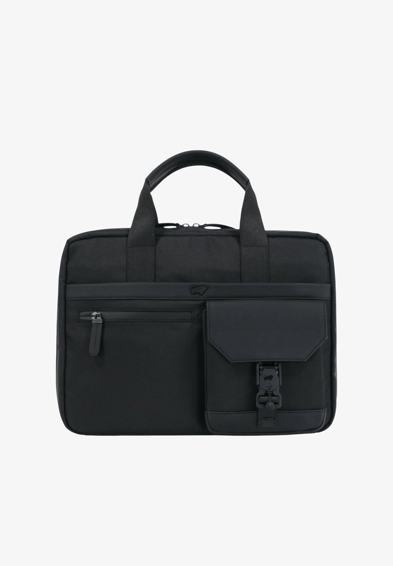 Schwarze Laptop-Tasche mit zwei Griffen, Reißverschluss, Vordertasche und strukturierten Akzenten. Hergestellt aus strapazierfähigem Stoff mit elegantem Design.