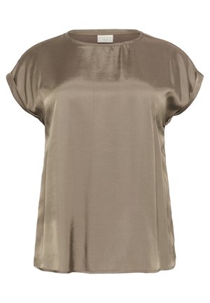 Satin top met korte mouwen in gedempt taupe; heeft een ronde halslijn, een ontspannen pasvorm en een gladde textuur zonder embellishments.