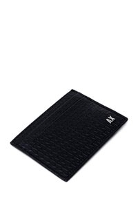 Black leather wallet with a woven texture, featuring a silver logo accent, slim design, and multiple card slots along the top edge.