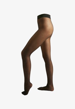 Svarta genomskinliga strumpbyxor med ett strukturerat mönster av små silverprickar, en solid svart midja, slät finish och åtsittande design vid anklarna.