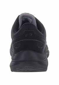 Scarpa da corsa nera con tomaia in mesh, suola ammortizzata e dettaglio con logo prominente sul tallone. Forma arrotondata con accenti testurizzati.