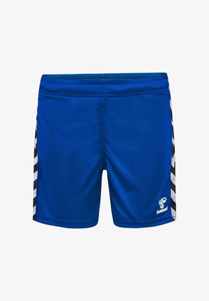 Blaue sportliche Shorts aus einem leichten Material. Mit seitlichen Streifen in schwarz-weißer Musterung und einem elastischen Bund.