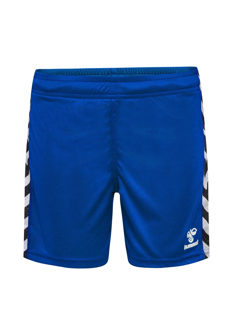 Blå sportshorts gjorda av ett lätt material. Har svarta och vita mönstrade sidostreck och en elastisk midja.