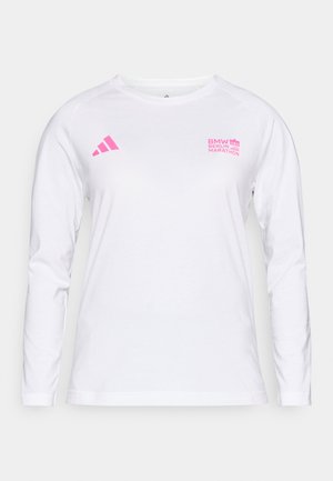 Long-sleeve white shirt with pink adidas logo and "BMW BERLIN MARATHON" printed in pink. Smooth fabric, crew neckline, relaxed fit.