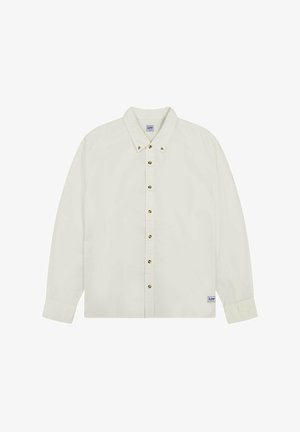 Jasnobeżowa koszula zapinana na guziki, wykonana z tkanej tkaniny, z klasycznym kołnierzykiem, długimi rękawami i złotymi guzikami z przodu.