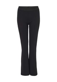 Pantalon noir pour femme taille haute, jambes évasées, avec une taille lisse et des coutures avant, présenté sur un fond blanc.