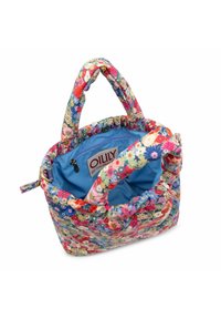 Tote bag van stof met een bloemmotief en een blauwe voering, met twee handvatten en een gathered bovenkant. Inclusief een interne zip-pocket en een merklabel.