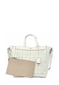 White leather tote bag with perforated floral design, featuring two handles and a detachable beige pouch. Smooth texture, structured shape.