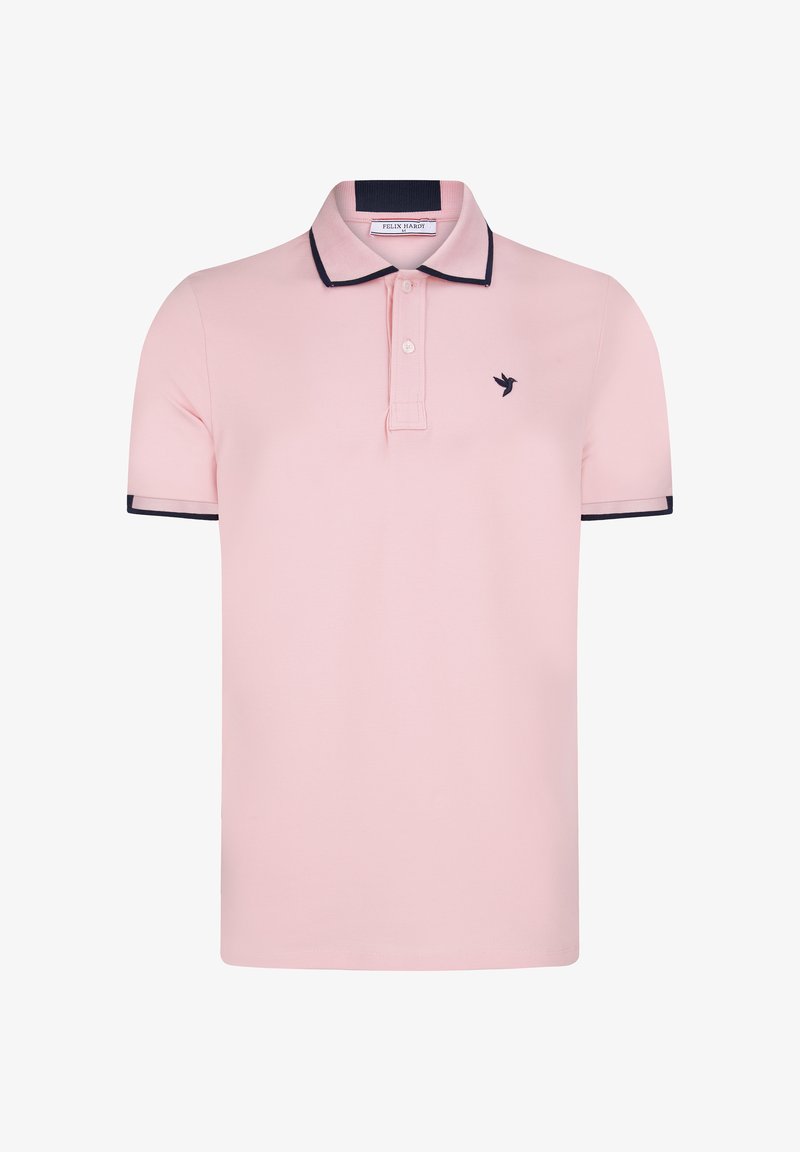 Polo tričko v světlé růžové barvě s námořnickým límečkem a manžetami. Obsahuje dvojité zapínání na knoflíky a malé černé logo na hrudi. Materiál z bavlněné směsi.