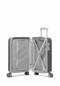 Hard-shell suitcase in gray, featuring a zippered interior with compartments and elastic straps, five smooth-rolling wheels, and a telescoping handle.