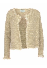 Beige öppen cardigan i strukturerad tyg med fransiga kanter. Har långa ärmar och en lös passform, lämplig för lager-på-lager.