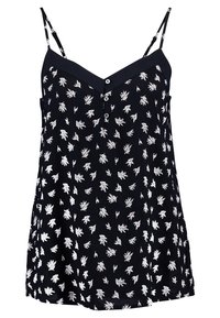 Top senza maniche nero con scollatura a V, caratterizzato da un motivo floreale bianco e tre bottoni sulla parte anteriore. Tessuto liscio con spalline regolabili.
