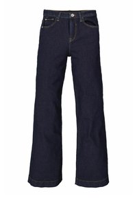 Jeans de mezclilla azul oscuro de pierna ancha con una cintura alta, que cuentan con un cierre de botón y cremallera, diseño de cinco bolsillos y costuras en contraste.
