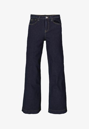 Donkerblauwe denim broeken met wijde pijpen en een hoge taille, voorzien van een knoop- en ritssluiting, vijf zakken en contrasterende stiksels.