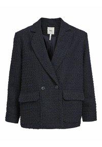 Blazer en tweed bleu foncé avec une finition texturée, design à double boutonnage, revers crantés et deux poches avant.