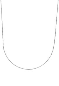 Collar de cadena de metal plateado, delgada y delicada, con una textura suave y un brillo sutil. El diseño presenta un patrón de enlaces finos entrelazados.