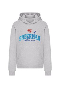 Gray hoodie with drawstrings, featuring a red Superman logo and blue text reading "SUPERMAN" and "LOOK UP IN THE SKY." Front kangaroo pocket.