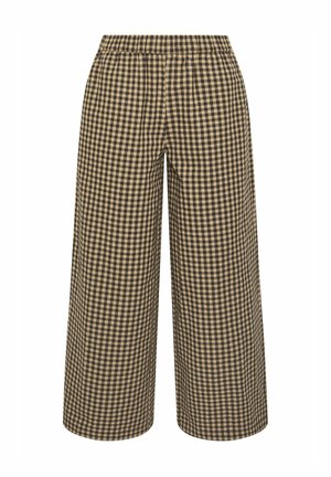 Loszittende, wijde broek met elastische tailleband, met een bruin-beige ruitpatroon.
