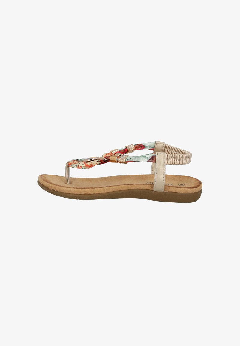 Lettrende, flad sandal med en beige rem, dekorativt flerfarvet vævet mønster og en polstret sål for komfort.