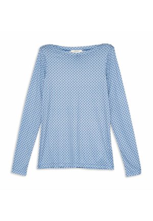 Chemise à manches longues bleue avec un motif géométrique, un col rond et une texture douce. Le tissu est léger avec une coupe décontractée.