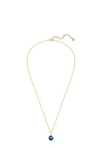 Collana in oro con un pendente blu circolare e un centro bianco. La catena ha una lunghezza regolabile con dettaglio della chiusura.