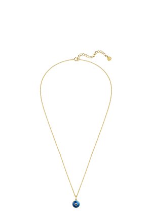 Collier en or avec un pendentif circulaire bleu au centre blanc. La chaîne a une longueur ajustable avec un détail de fermoir.