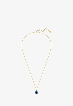 Aranylánc nyaklánc, kerek kék medállal, fehér középpel. A lánc állítható hosszúságú, kapcsos részlettel.