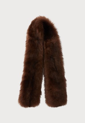 Bruine nepleren sjaal met een zachte textuur, langwerpige vorm en taps toelopende uiteinden. Heeft een dikke, fluffy uitstraling voor warmte en stijl.