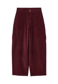 Pantaloni in corduroy bordeaux a gamba larga con chiusura a bottone, dotati di due tasche laterali e un motivo rigato testurizzato su tutta la superficie.