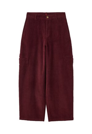 Pantalons en velours côtelé bordeaux à larges jambes avec fermeture par bouton, dotés de deux poches latérales et d'un motif texturé en côtes sur l'ensemble.