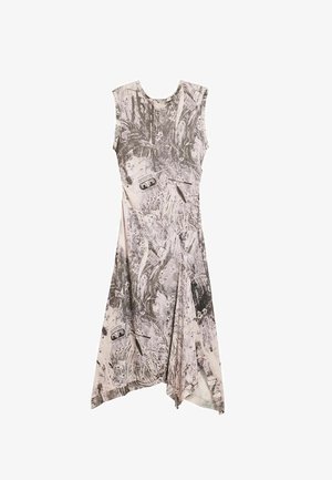 Varrukateta asümmeetriline midi kleit, millel on abstraktne must-valge trükk, kus on kassettlindile ja geomeetrilistele mustritele sarnanevad kujundid heledal kangal.